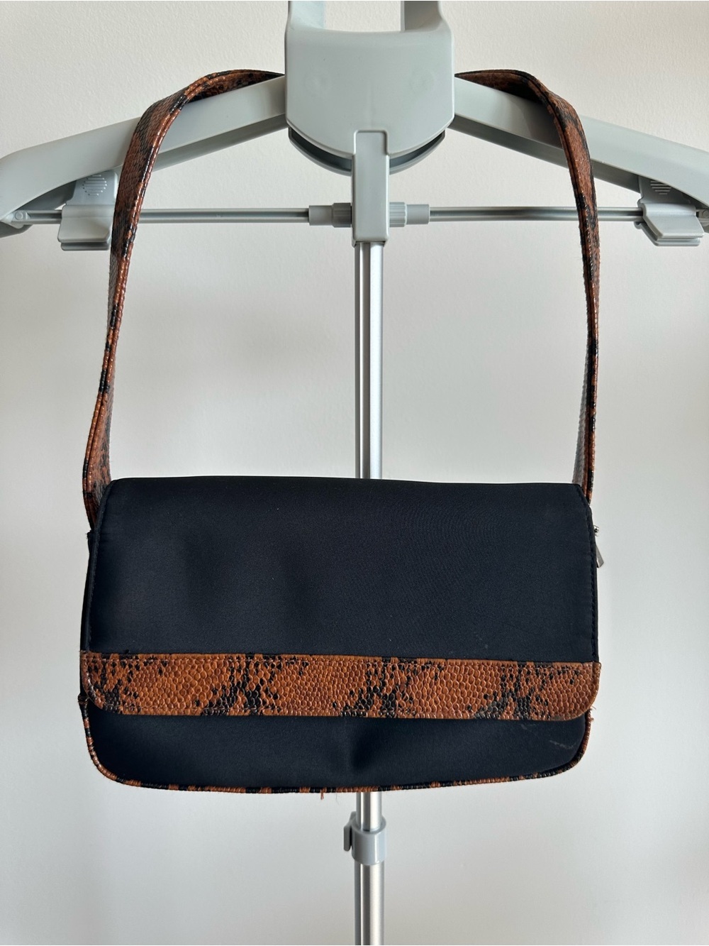 Black Clutch with Brown Snake-Print Trim